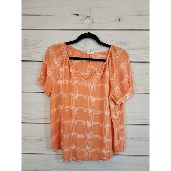 A.n.a. A New Approach Womens Orange Plaid Short Sleeve V-Neck Blouse Size Medium - Picture 1 of 6